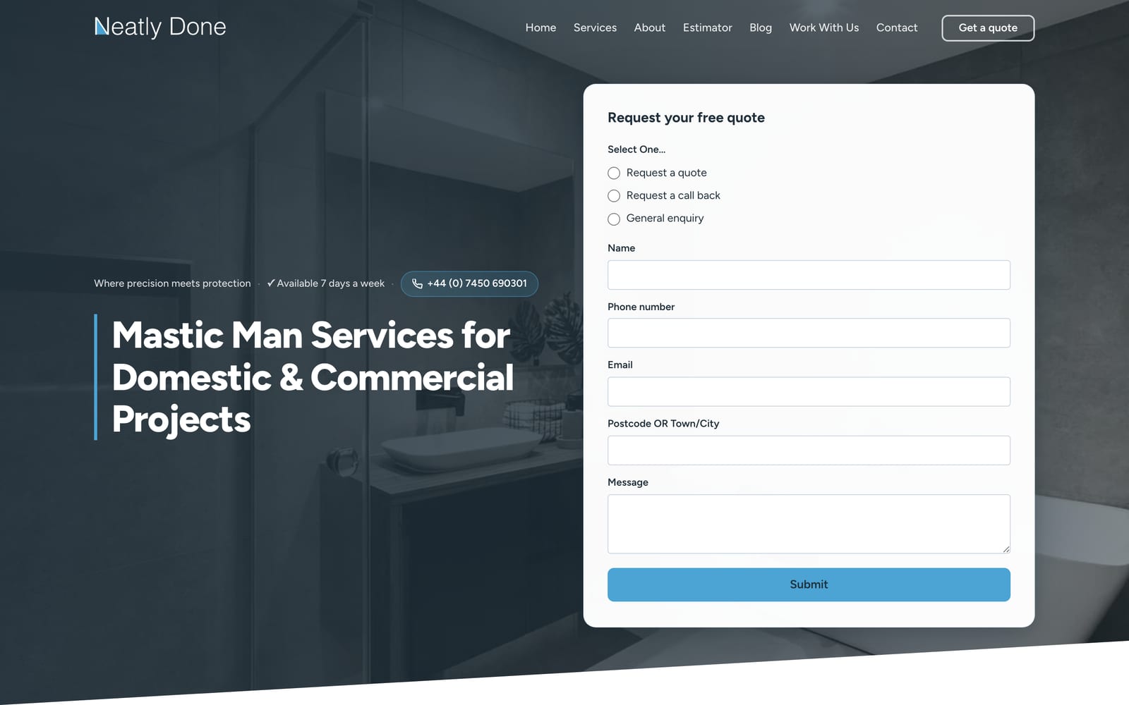 Neatly Done, sealant and mastic contractor, website homepage on desktop