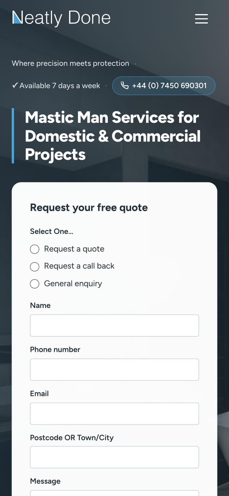 Neatly Done, sealant and mastic contractor, website homepage on mobile