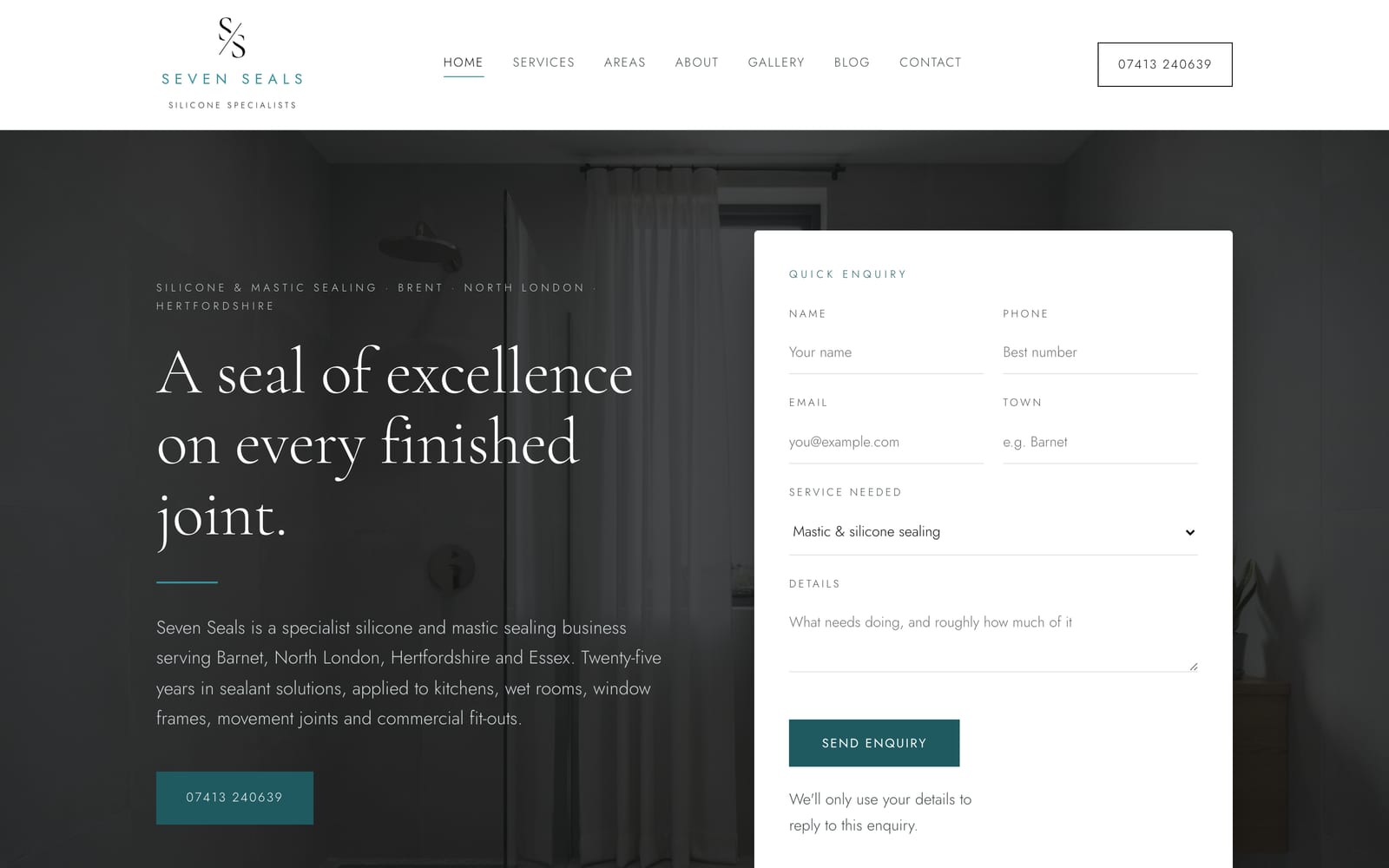 Seven Seals, silicone specialists, website homepage on desktop