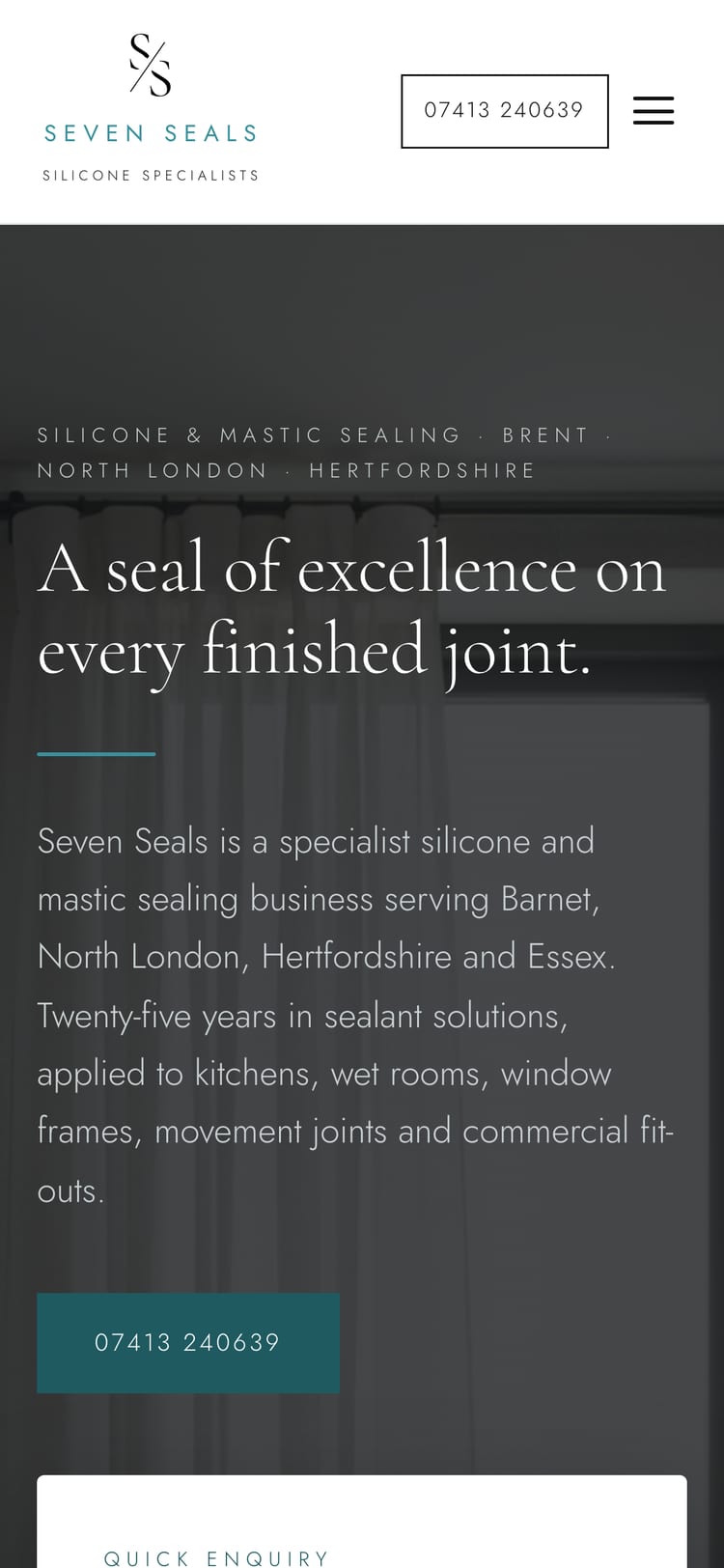 Seven Seals, silicone specialists, website homepage on mobile