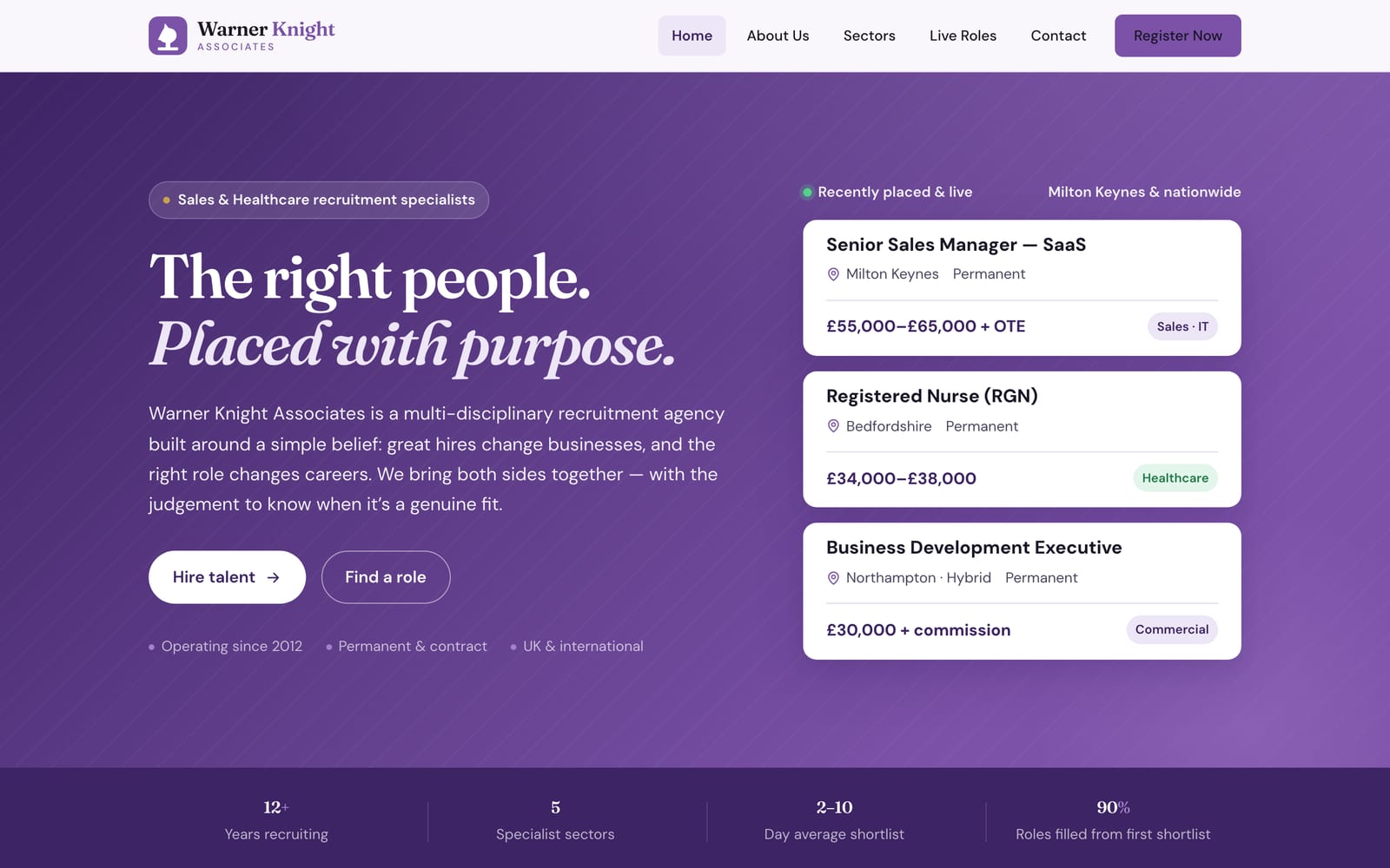 Warner Knight Associates, recruitment agency, website homepage on desktop