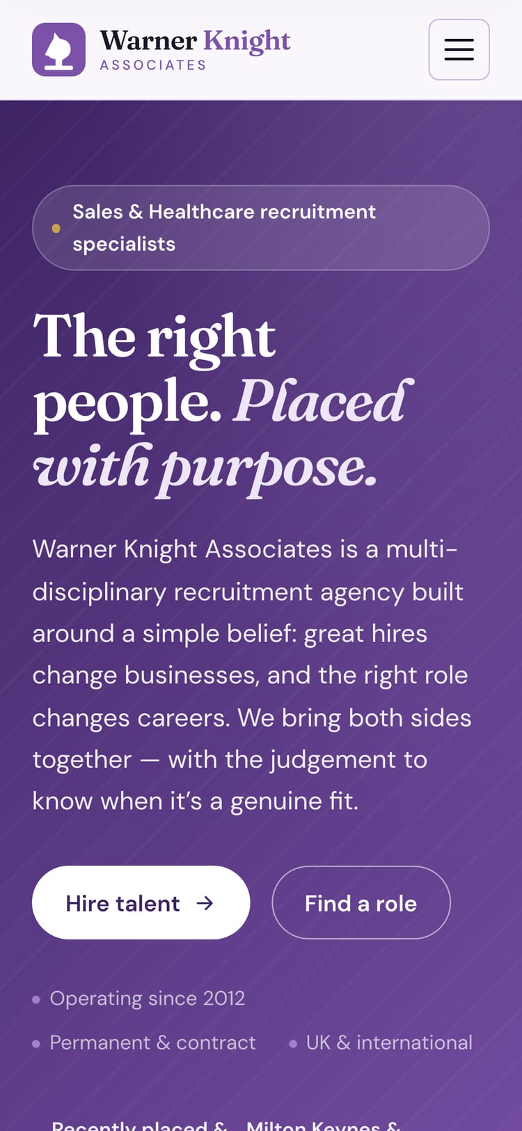Warner Knight Associates, recruitment agency, website homepage on mobile