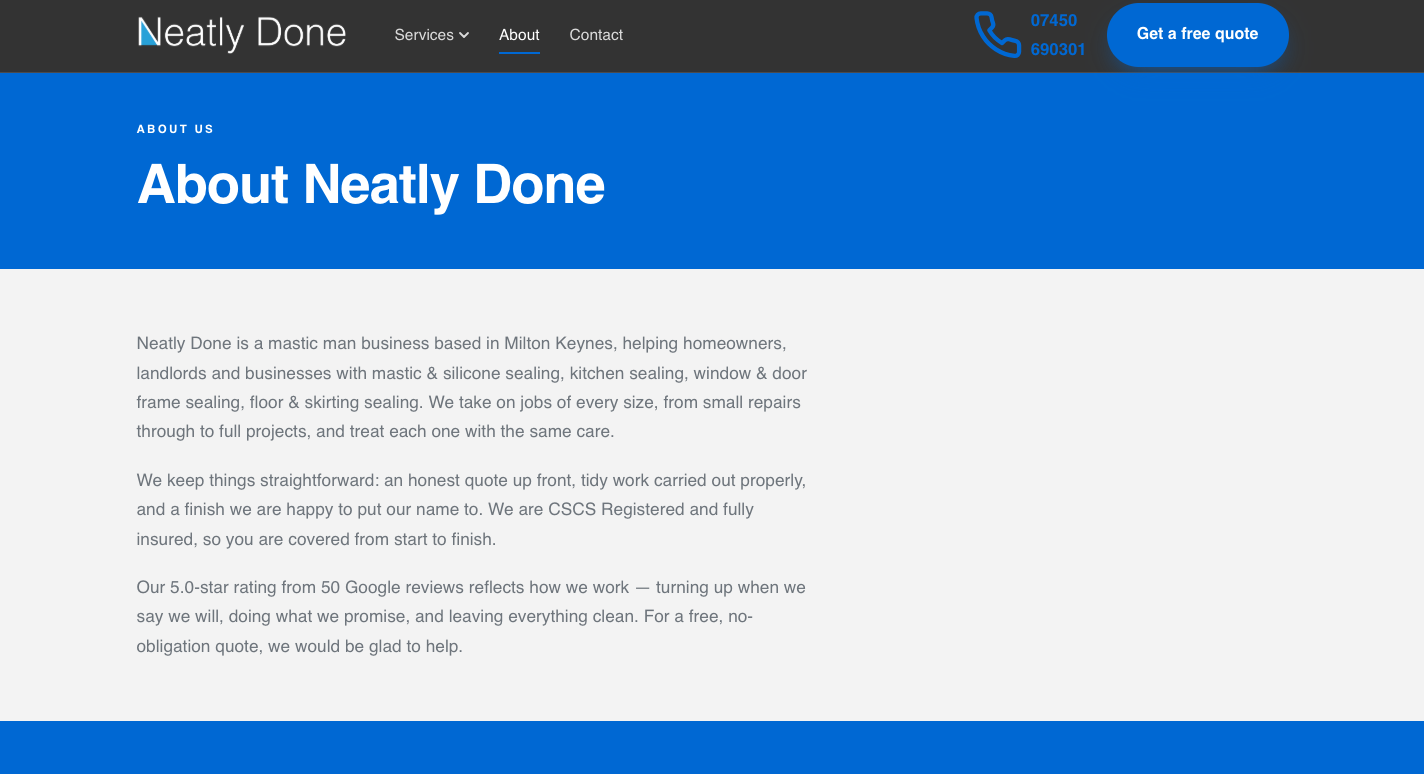 Words-led site example — strong text and service list